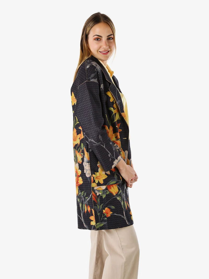 Cappotto donna oversize in tessuto scamosciato con stampe floreali - nero
