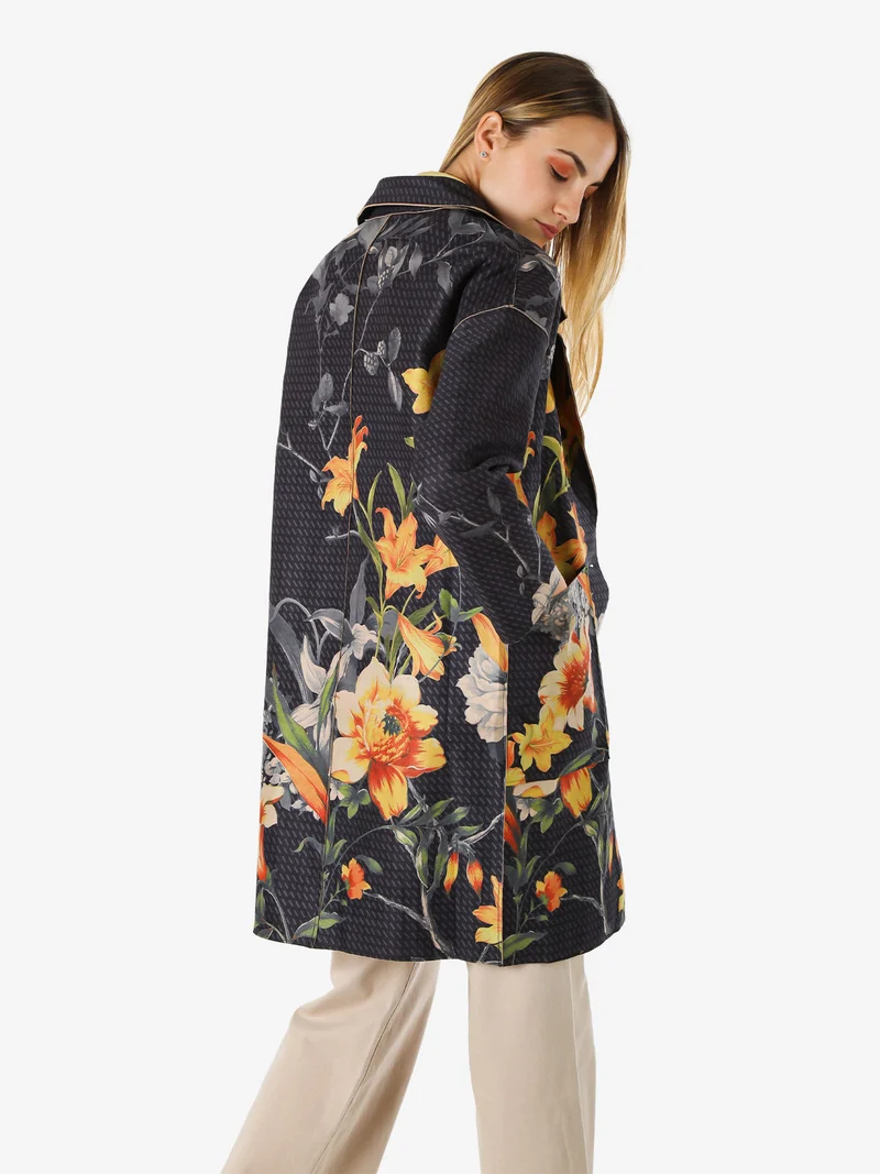 Cappotto donna oversize in tessuto scamosciato con stampe floreali - nero