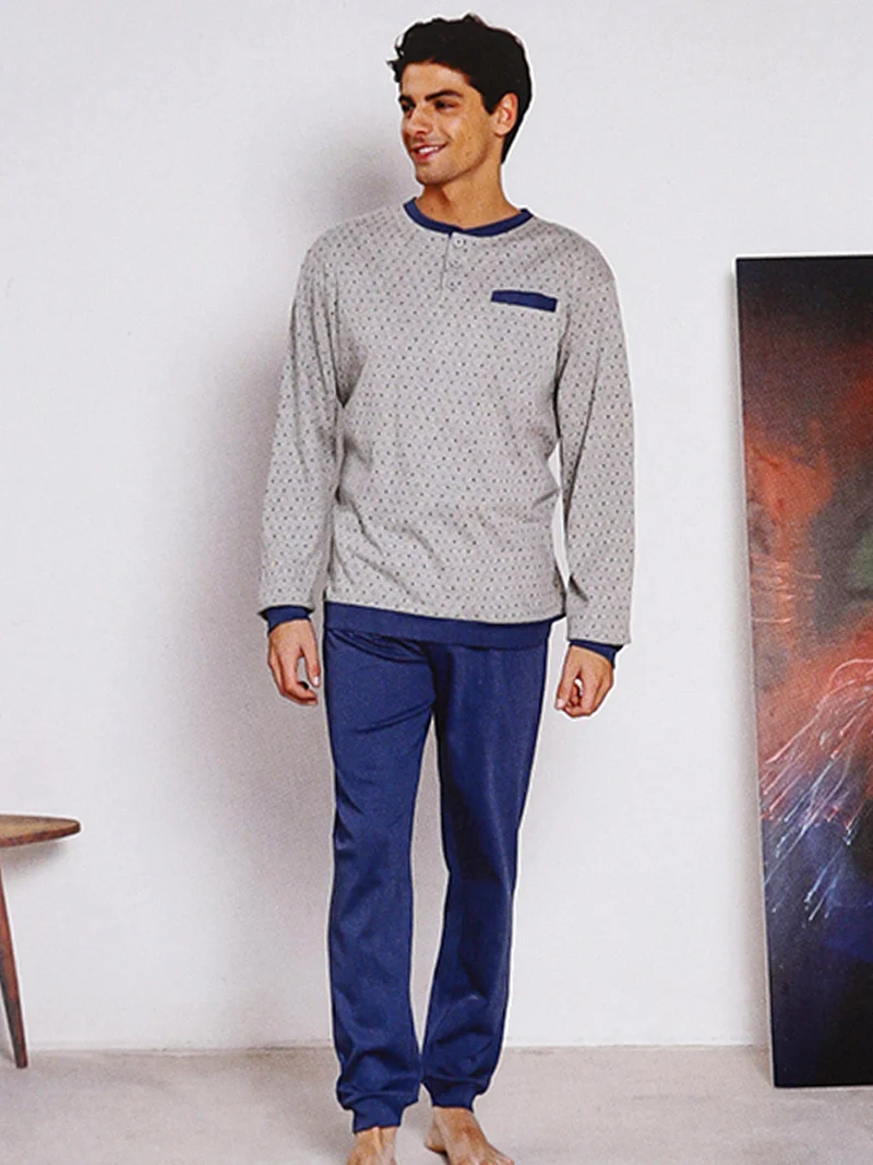 Pigiama lungo da uomo in misto cotone interlock con taschino - grigio