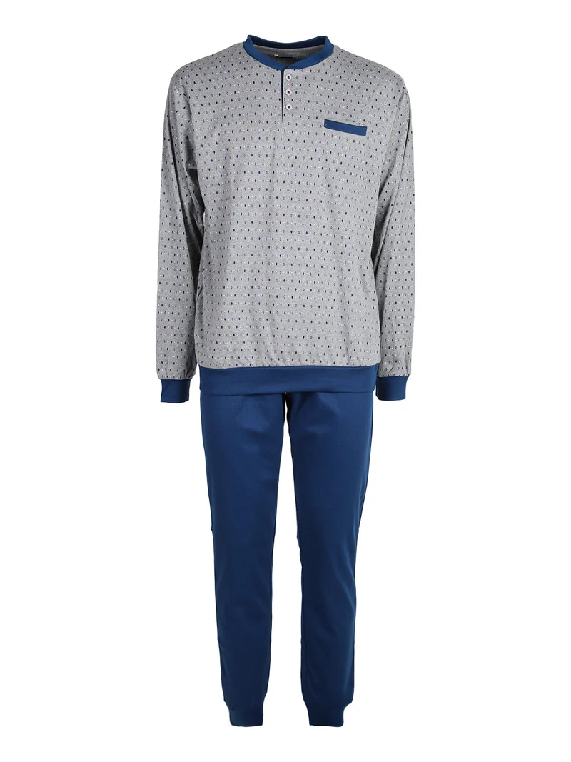 Pigiama lungo da uomo in misto cotone interlock con taschino - grigio