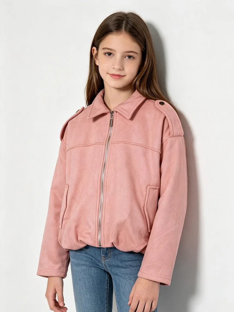 Giacca scamosciata da bambina con zip - rosa