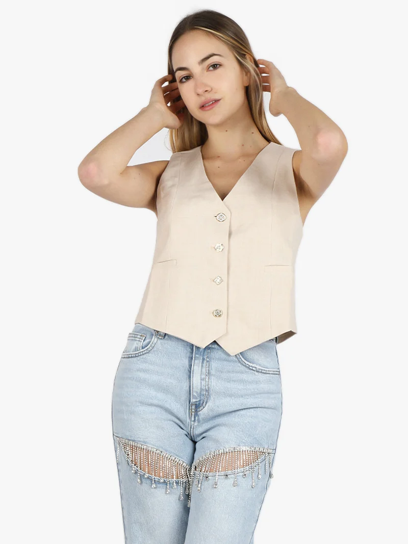 Gilet donna con bottoni gioiello - beige