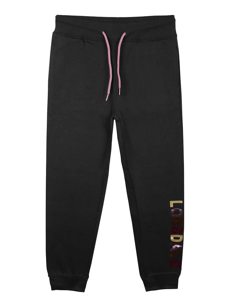 Pantaloni sportivi da bambina felpati con scritta sul fondo - nero
