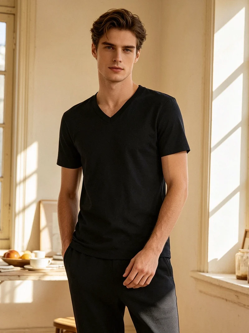 T-shirt intima uomo scollo V in caldo cotone - nero