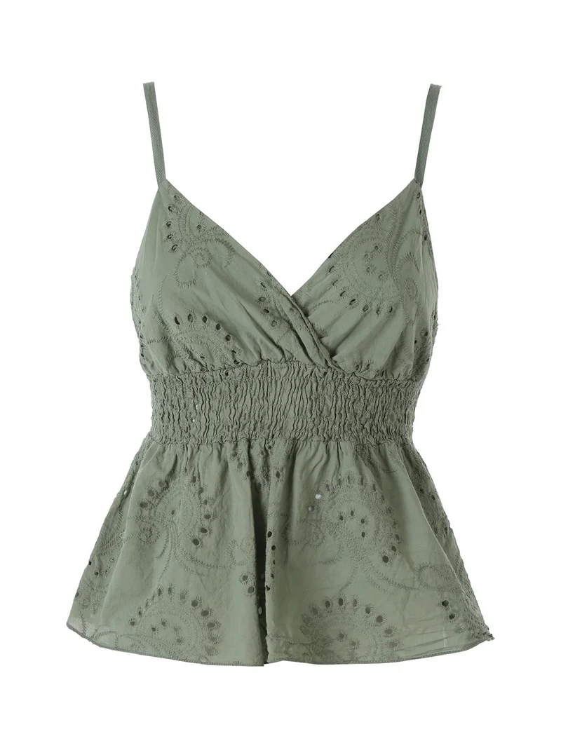 Top donna in cotone con dettagli macramè con spalline sottili - militare