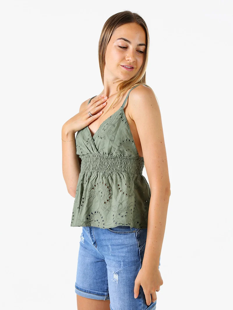 Top donna in cotone con dettagli macramè con spalline sottili - militare