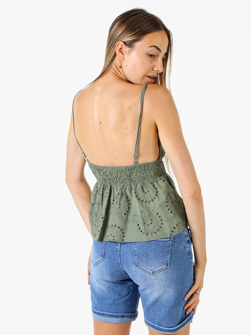Top donna in cotone con dettagli macramè con spalline sottili - militare