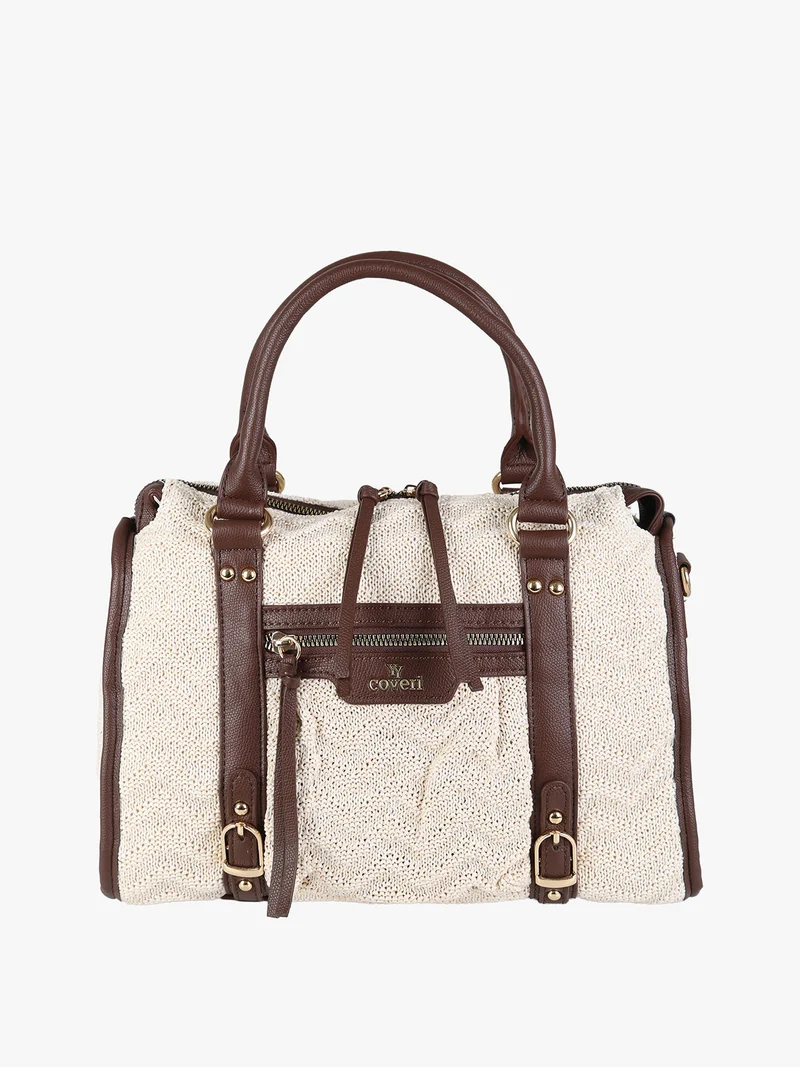 Borsa bauletto da donna in maglia intrecciata con dettagli in ecopelle - beige