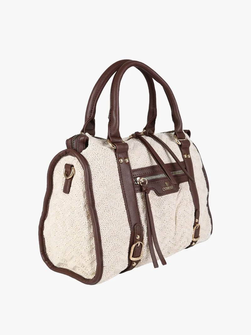 Borsa bauletto da donna in maglia intrecciata con dettagli in ecopelle - beige