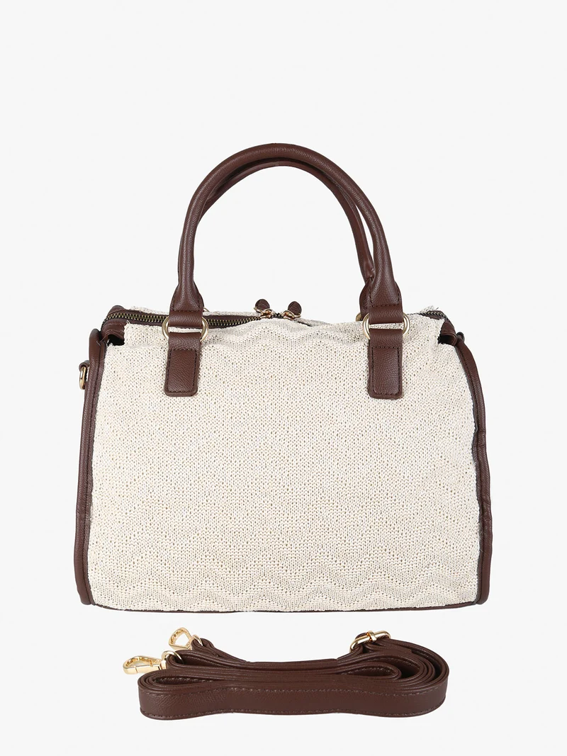Borsa bauletto da donna in maglia intrecciata con dettagli in ecopelle - beige