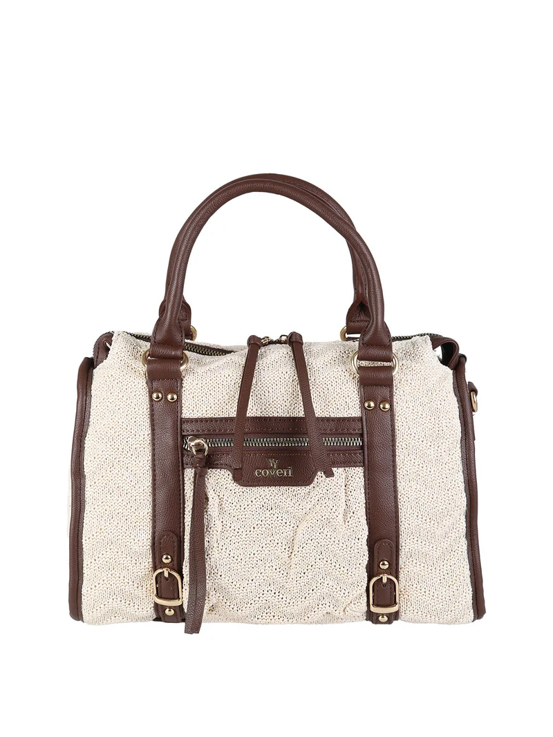 Borsa bauletto da donna in maglia intrecciata con dettagli in ecopelle - beige
