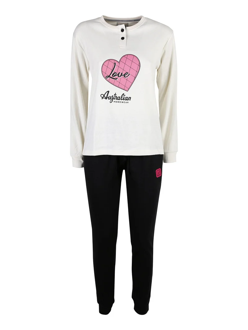 Pigiama lungo da donna in cotone interlock - panna