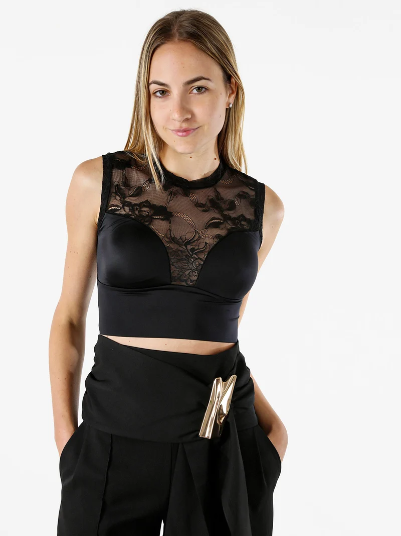 SHOW Top bra a fascia con coppe imbottite e dettagli in pizzo - nero