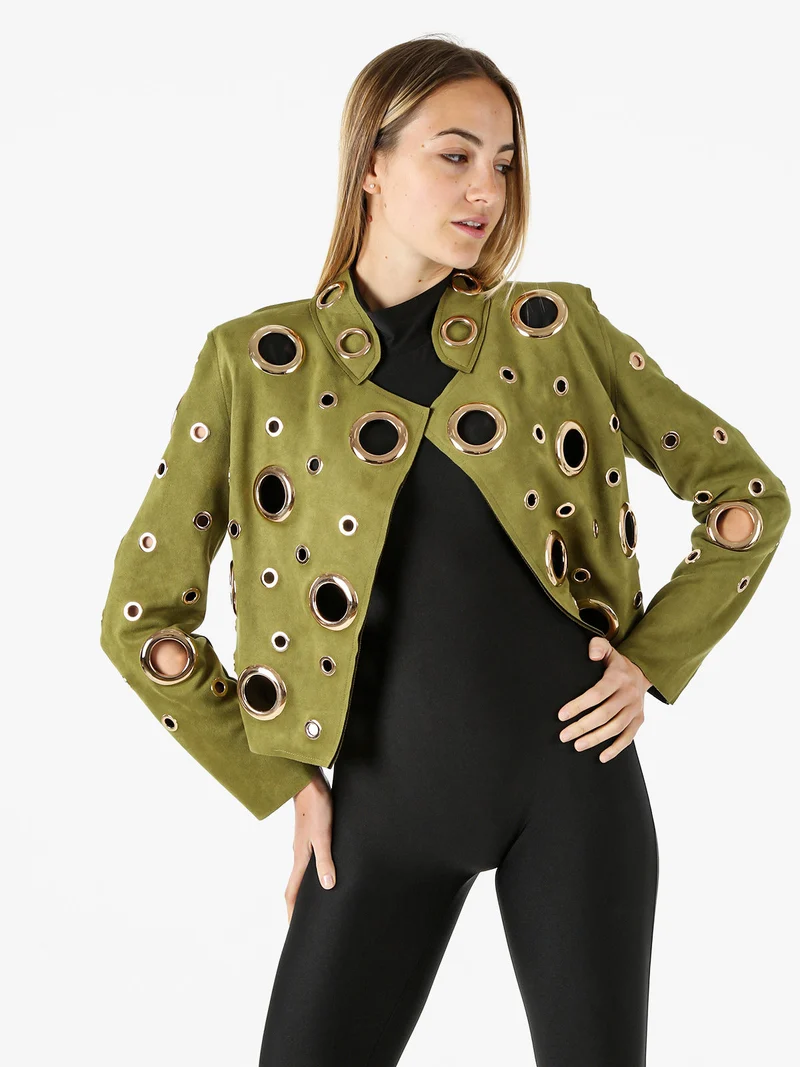 Giacca donna in tessuto scamosciato con anelli - oliva