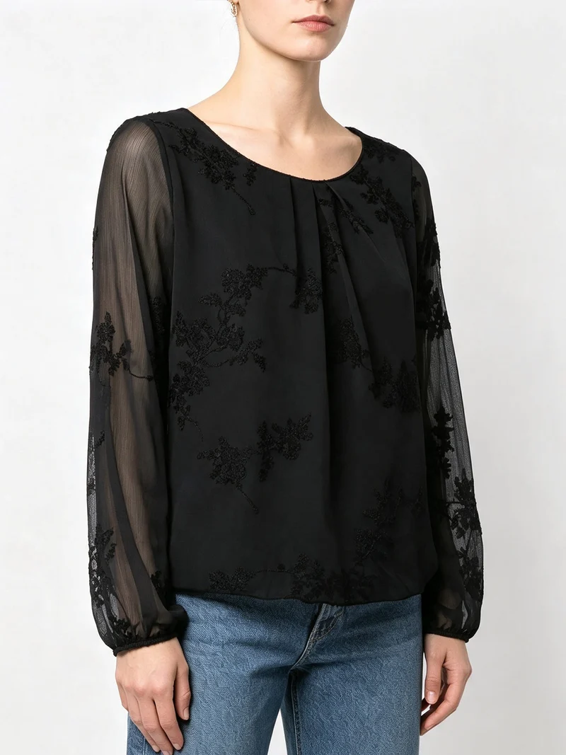 Blusa donna con ricami e maniche lunghe velate - nero