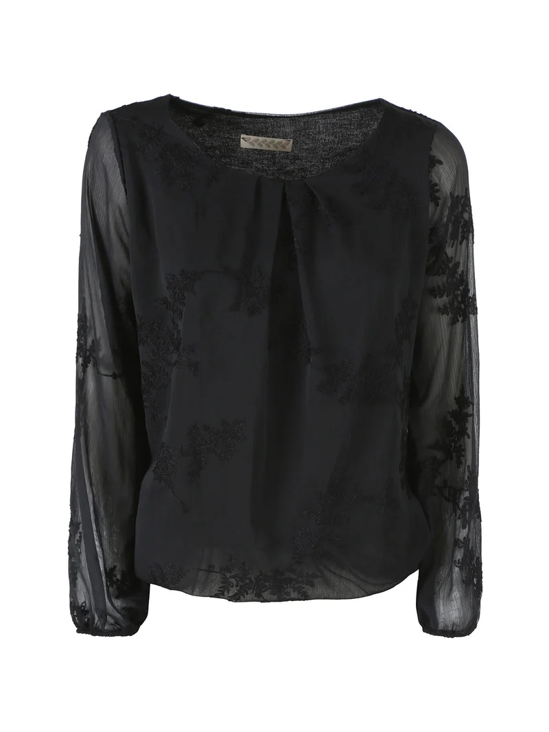 Blusa donna con ricami e maniche lunghe velate - nero