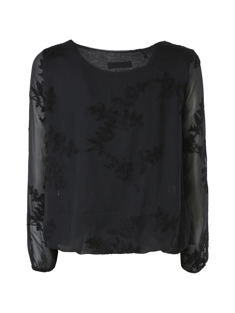 Blusa donna con ricami e maniche lunghe velate - nero
