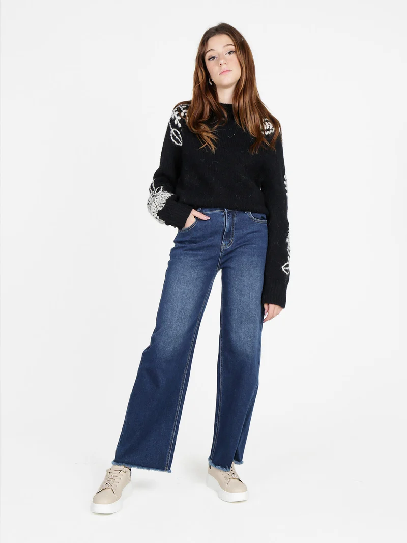 Jeans donna wide leg sfrangiati a vita alta - jeans