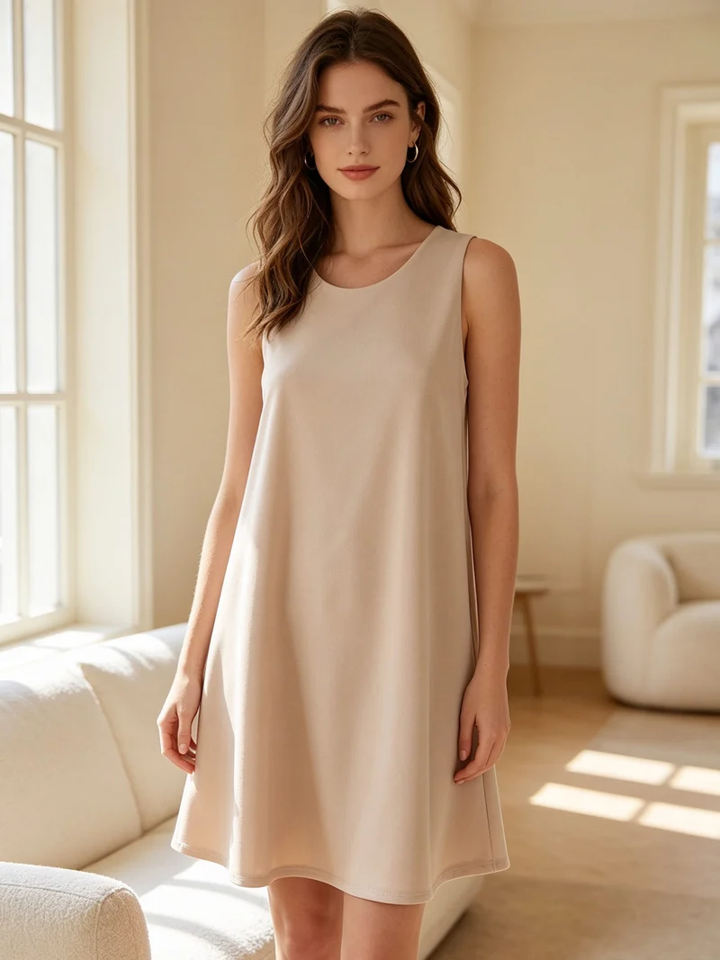 Vestito donna smanicato in tinta unita - beige