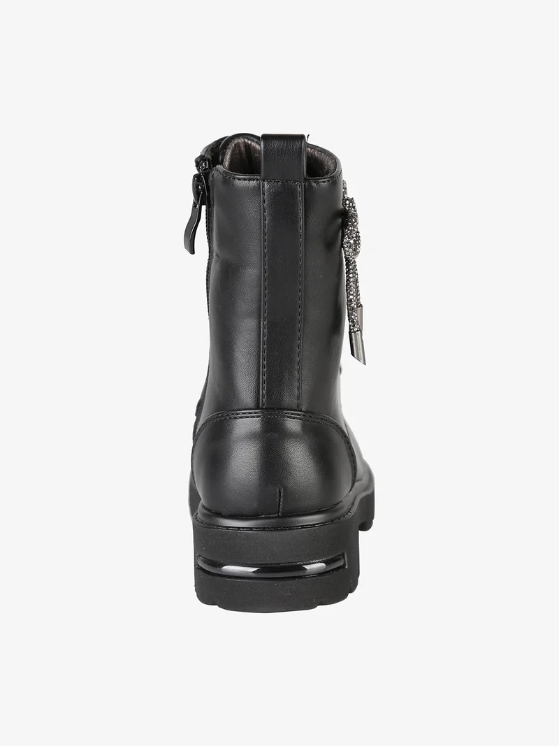 Anfibi da bambina stringati con zip e fiocco di strass - nero
