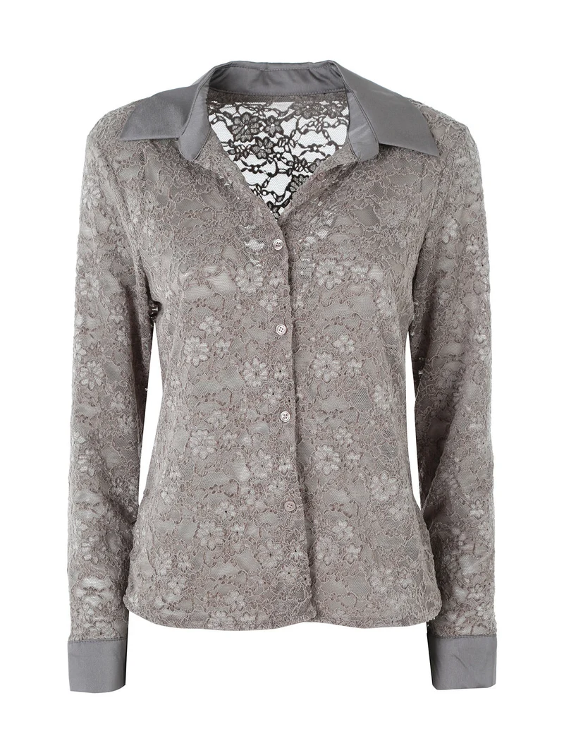Camicia donna in pizzo con maniche lunghe e dettagli effetto raso - fango