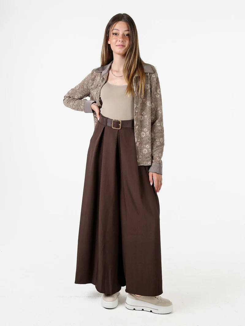 Camicia donna in pizzo con maniche lunghe e dettagli effetto raso - fango