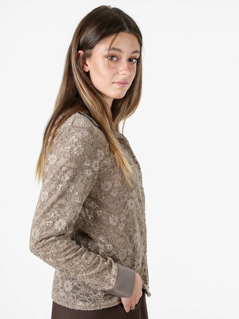 Camicia donna in pizzo con maniche lunghe e dettagli effetto raso - fango