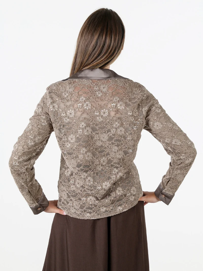 Camicia donna in pizzo con maniche lunghe e dettagli effetto raso - fango