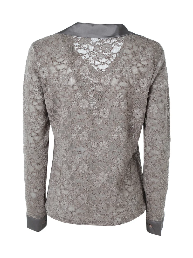 Camicia donna in pizzo con maniche lunghe e dettagli effetto raso - fango