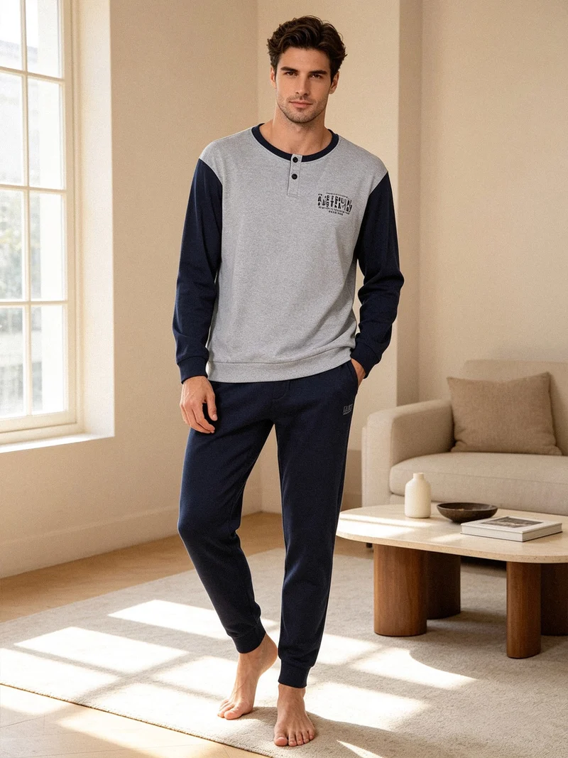 Pigiama lungo da uomo in misto cotone interlock - grigio
