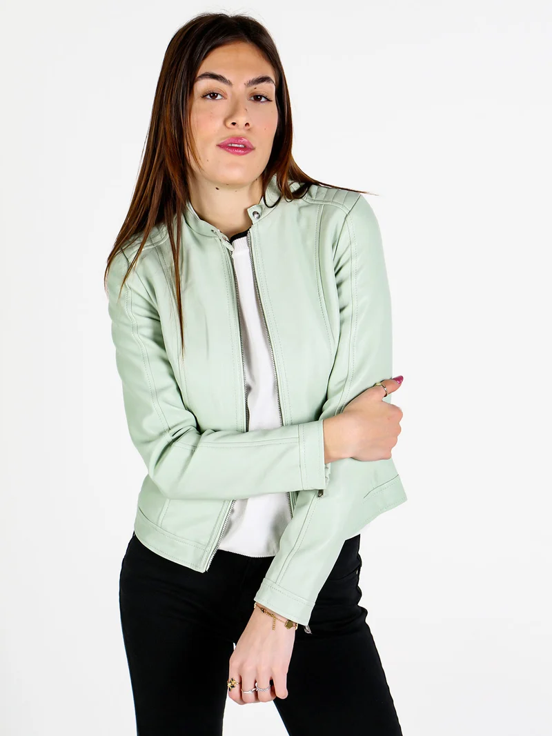 Giacca donna in ecopelle con zip - verde chiaro