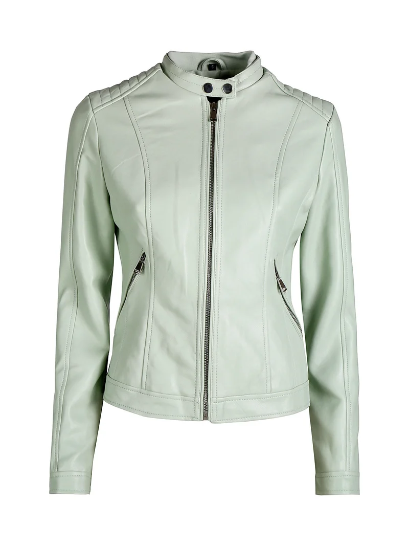 Giacca donna in ecopelle con zip - verde chiaro