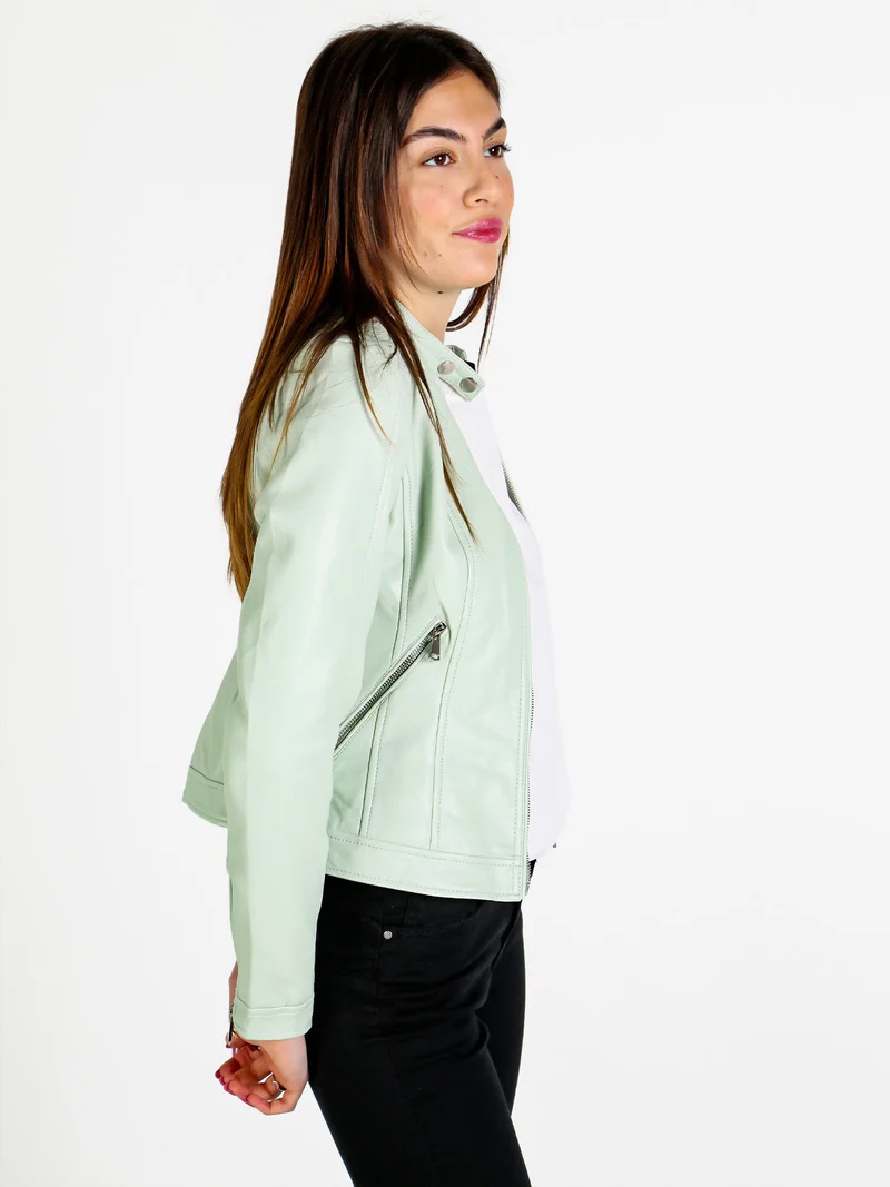 Giacca donna in ecopelle con zip - verde chiaro