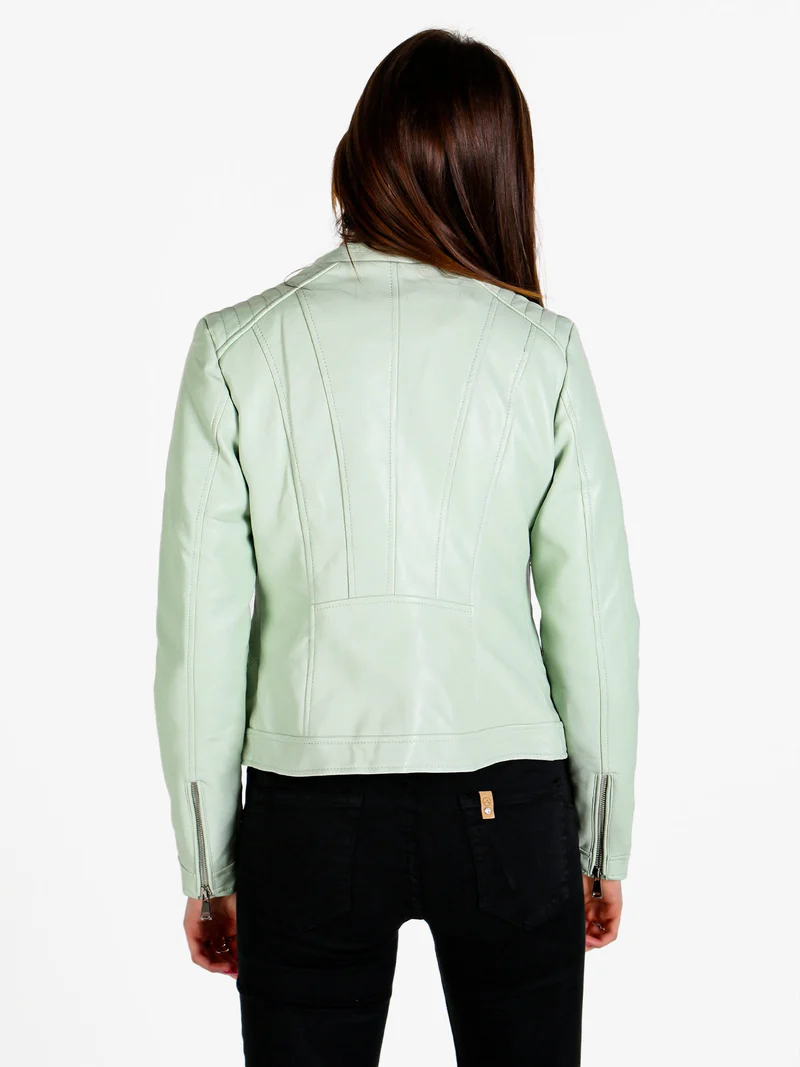 Giacca donna in ecopelle con zip - verde chiaro
