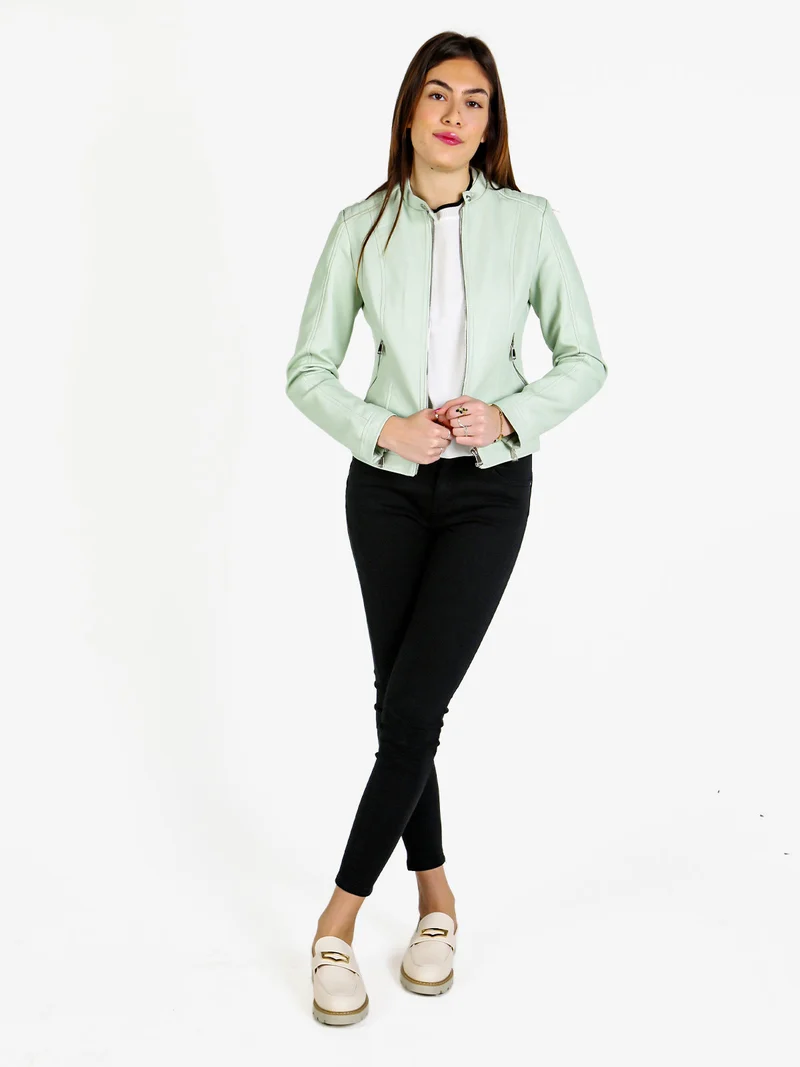 Giacca donna in ecopelle con zip - verde chiaro
