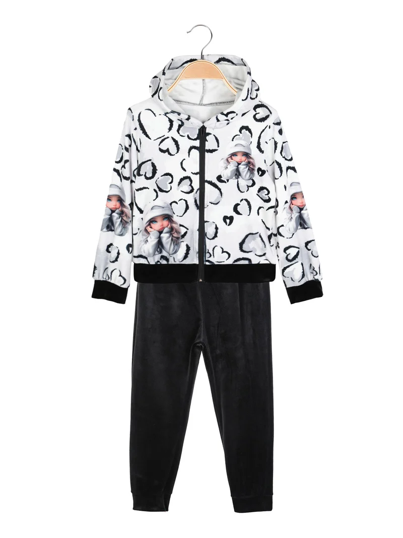 Completo tuta da bambina 2 pezzi in ciniglia con cappuccio e zip - bianco