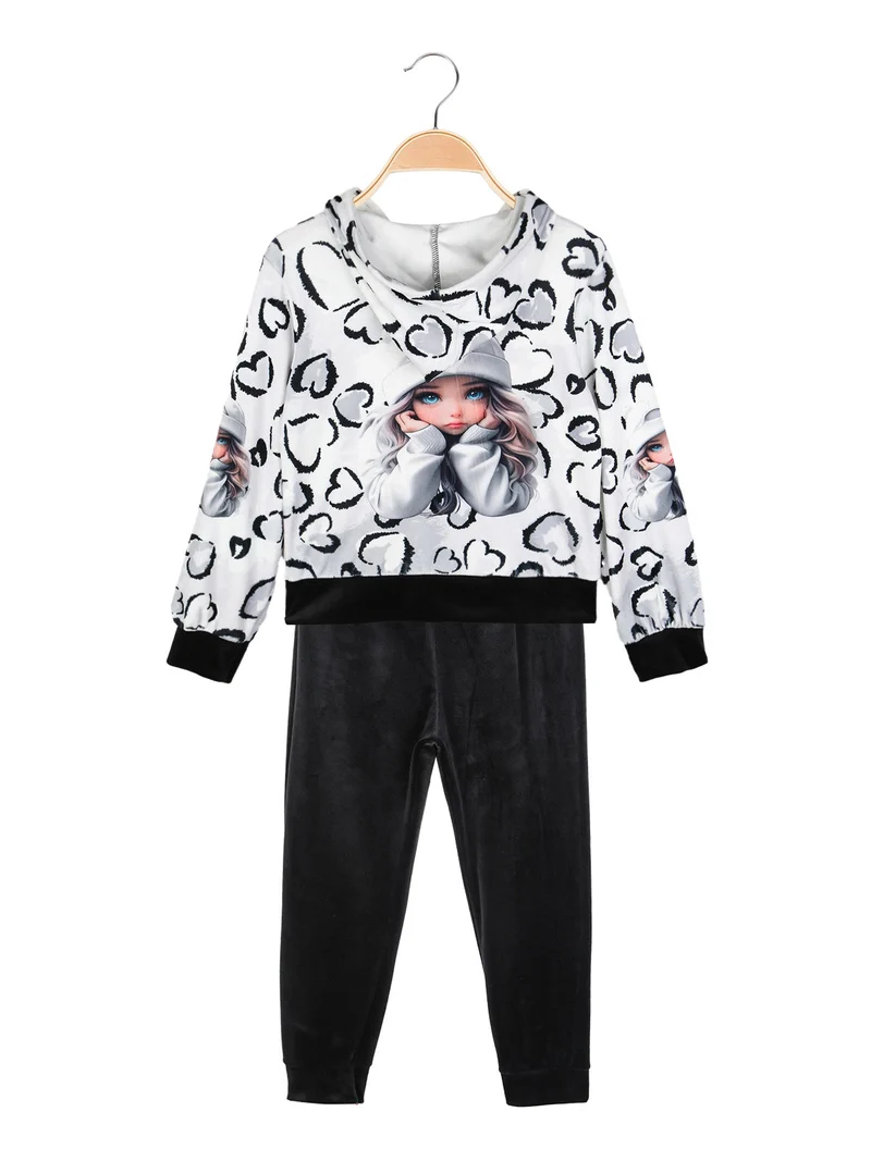Completo tuta da bambina 2 pezzi in ciniglia con cappuccio e zip - bianco