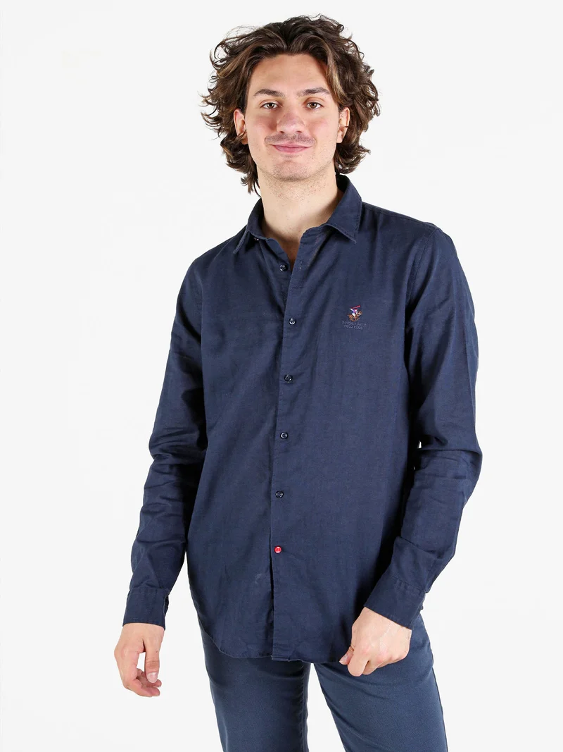Camicia da uomo in misto lino e cotone a maniche lunghe - blu scuro