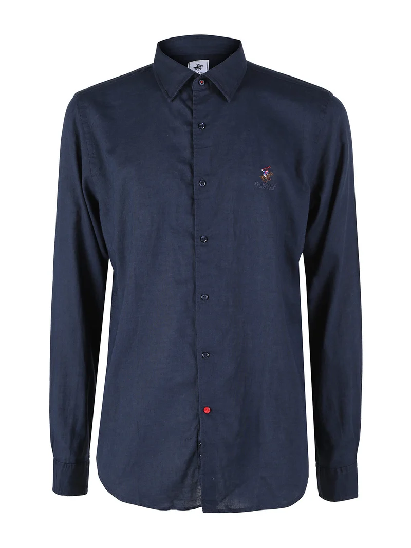 Camicia da uomo in misto lino e cotone a maniche lunghe - blu scuro