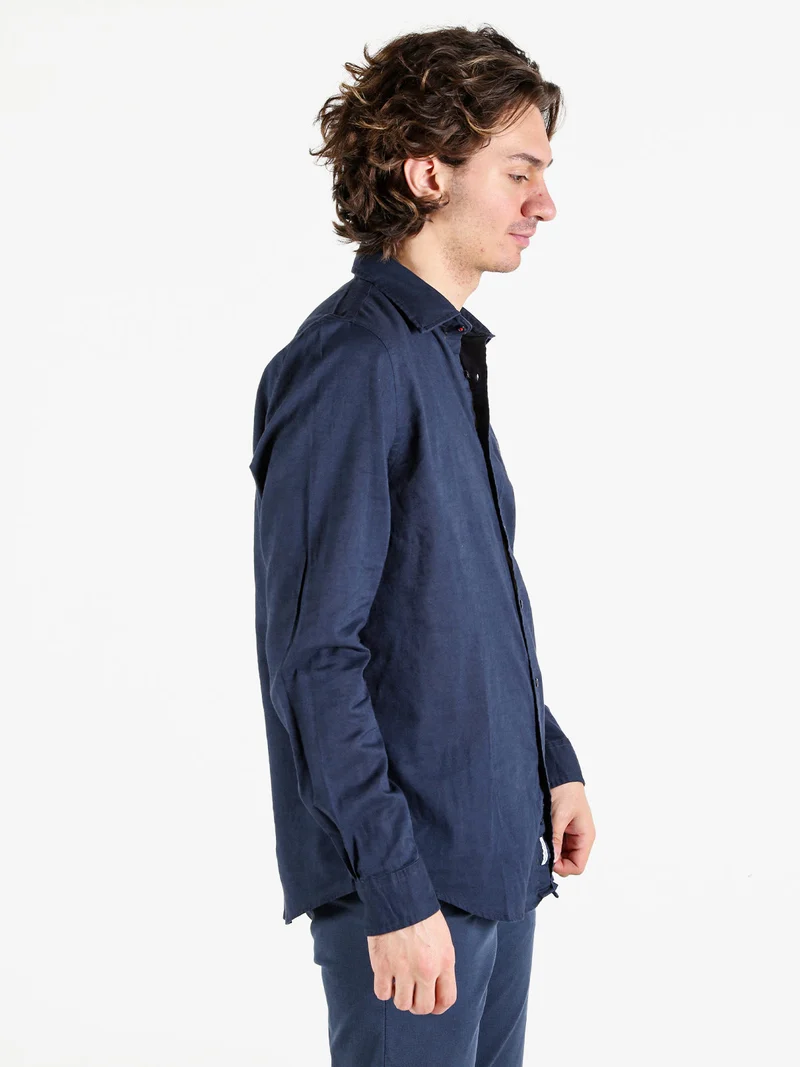 Camicia da uomo in misto lino e cotone a maniche lunghe - blu scuro