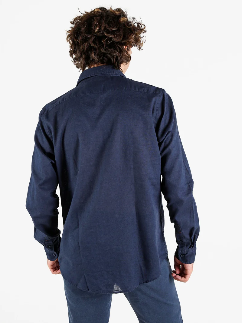 Camicia da uomo in misto lino e cotone a maniche lunghe - blu scuro