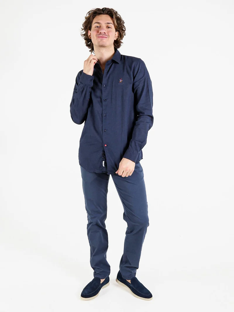 Camicia da uomo in misto lino e cotone a maniche lunghe - blu scuro