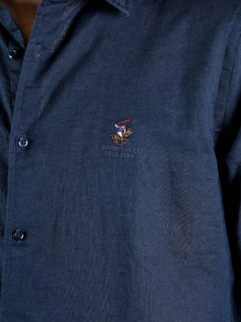 Camicia da uomo in misto lino e cotone a maniche lunghe - blu scuro