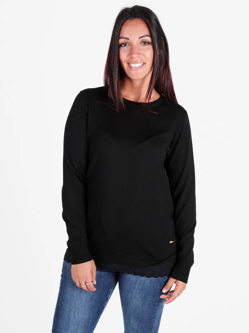 Maglia donna con bordo finale in pizzo - nero