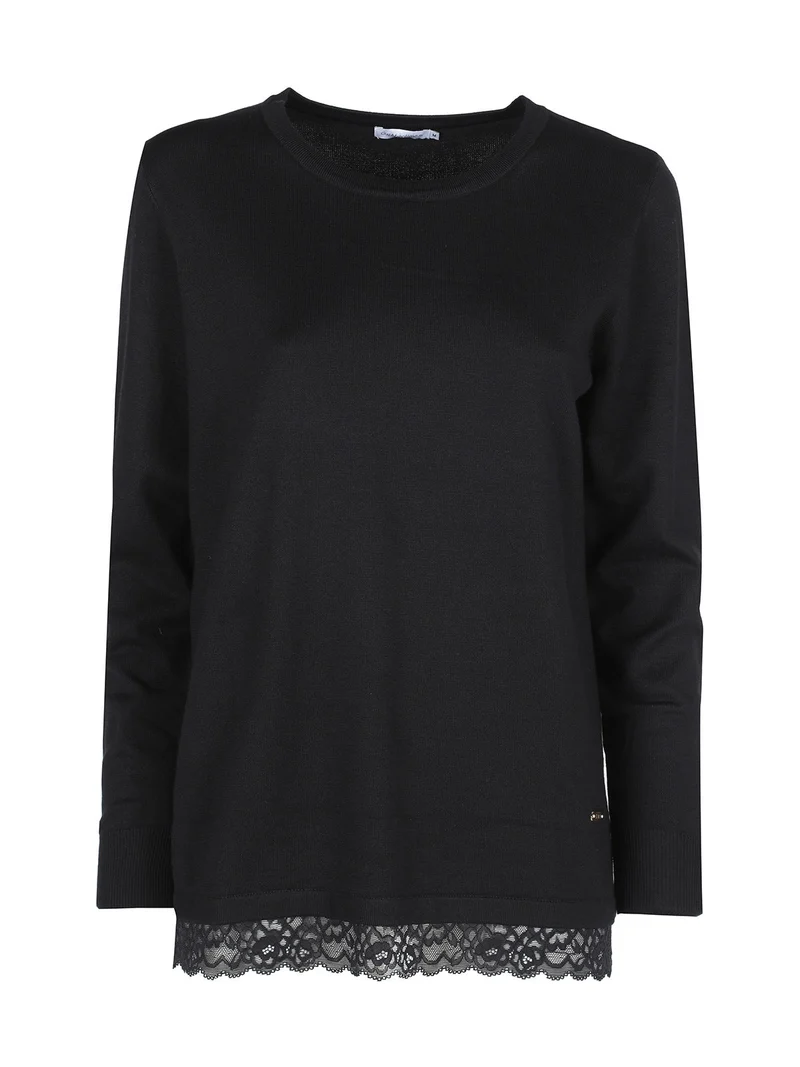Maglia donna con bordo finale in pizzo - nero