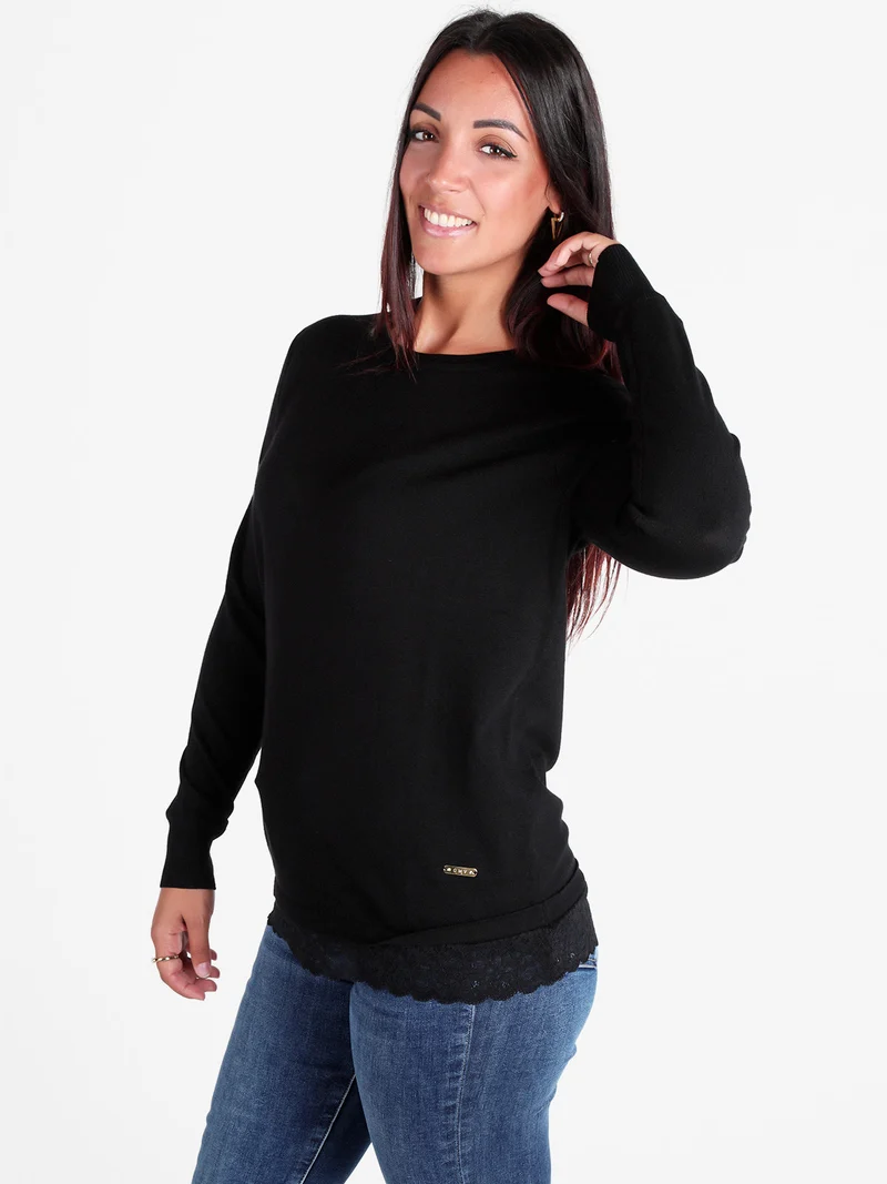 Maglia donna con bordo finale in pizzo - nero