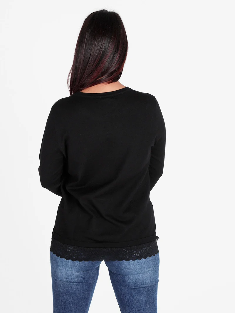 Maglia donna con bordo finale in pizzo - nero