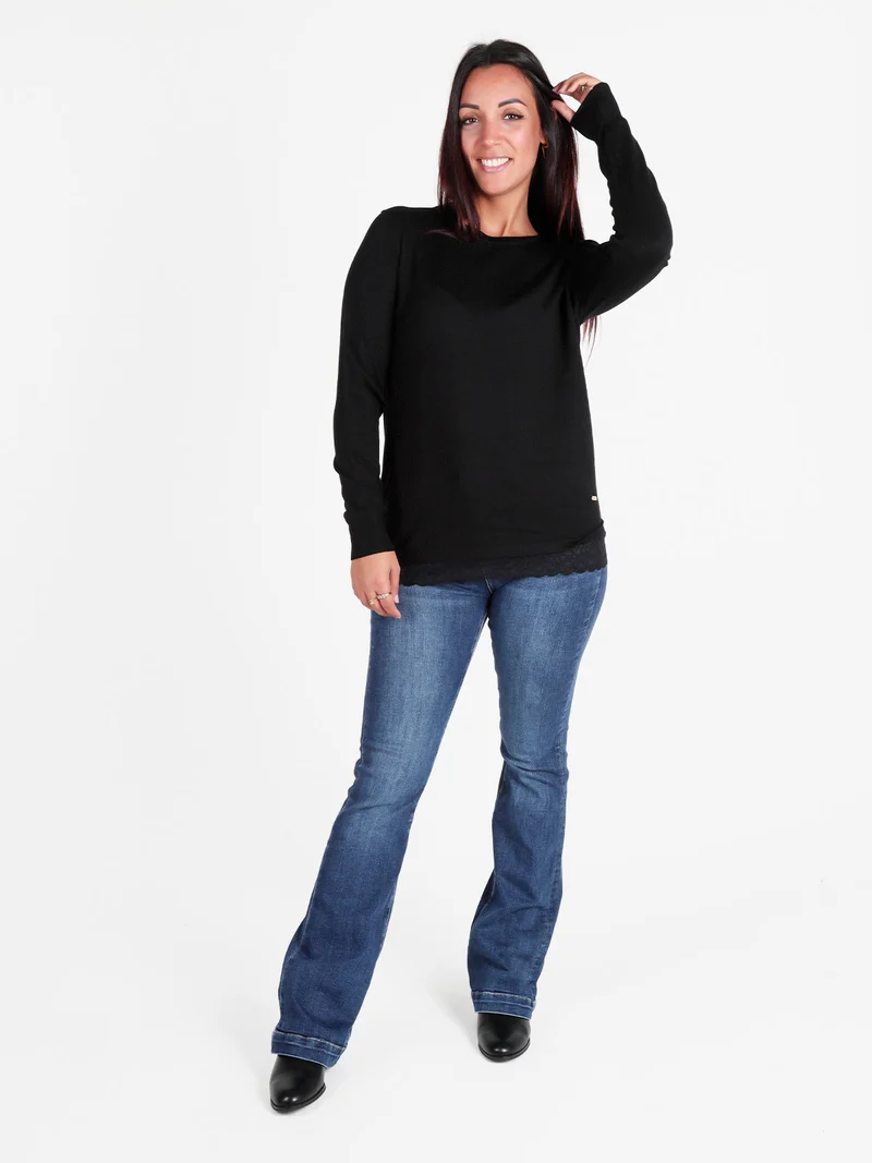Maglia donna con bordo finale in pizzo - nero
