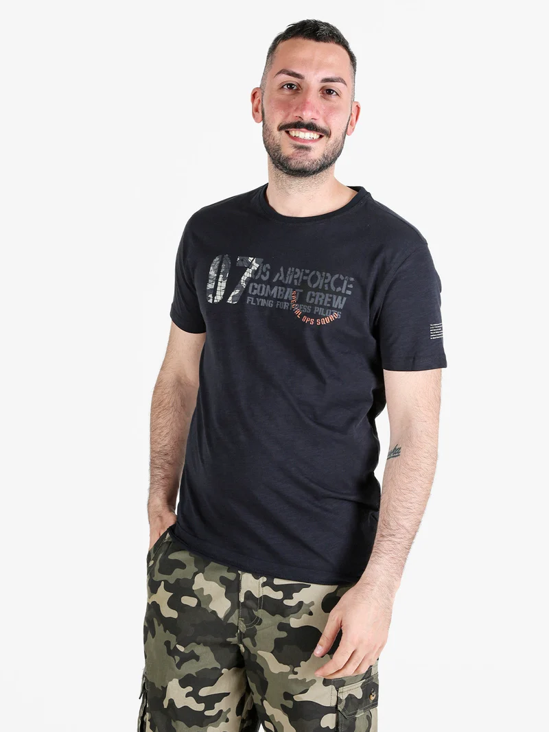 T-shirt girocollo da uomo in cotone con stampa - blu scuro