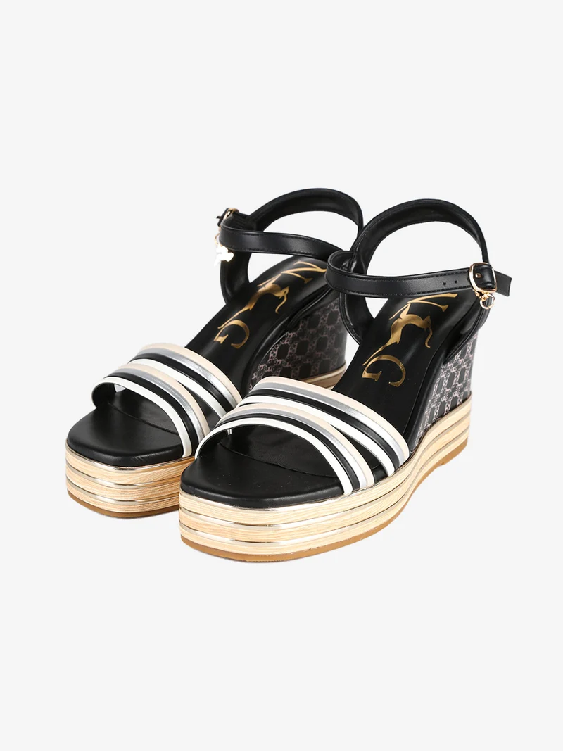 Sandali donna con zeppa platform e fascetta multicolore - nero